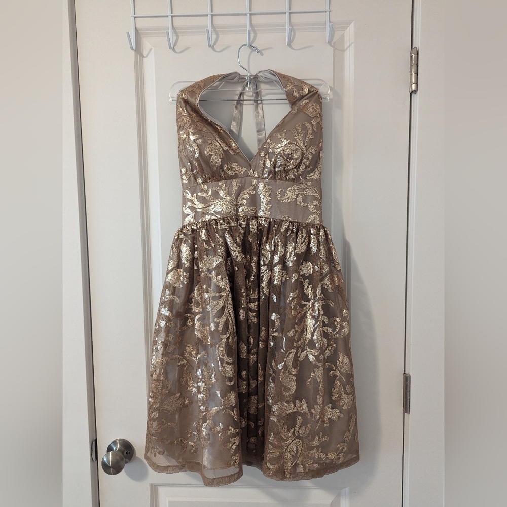 Adriana Pappell Gold and Brown Halter Prom Cocktail Dress US 6